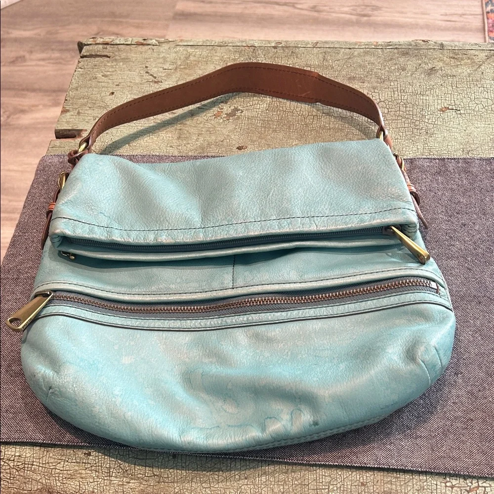 Fossil Aqua Blue Leather Foldover Crossbody Bag – Boho Everyday Purse